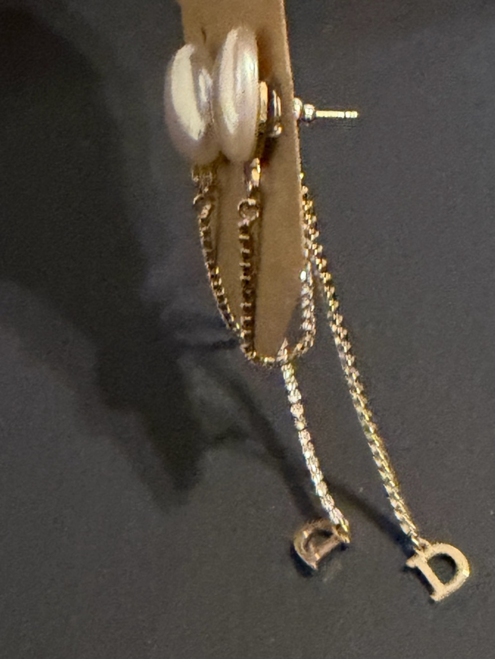 CD Gold and Pearl Dangle Earrings with D Charm - Women Jewelry - Picture 4 of 5